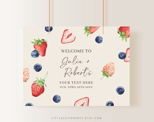 Editable Berry Sweet Baby Shower Banner, Blueberry Strawberry Baby Shower Decorations,  Berry Backdrop Welcome Sign BRSBS001, BERGR002