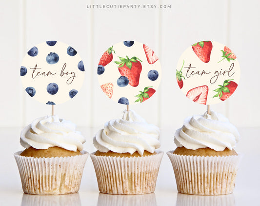 Editable Berry Sweet Gender Reveal Cupcake Toppers, Strawberry and Blueberry Gender Reveal, Gender Reveal Party, Boy Or Girl BERGR002
