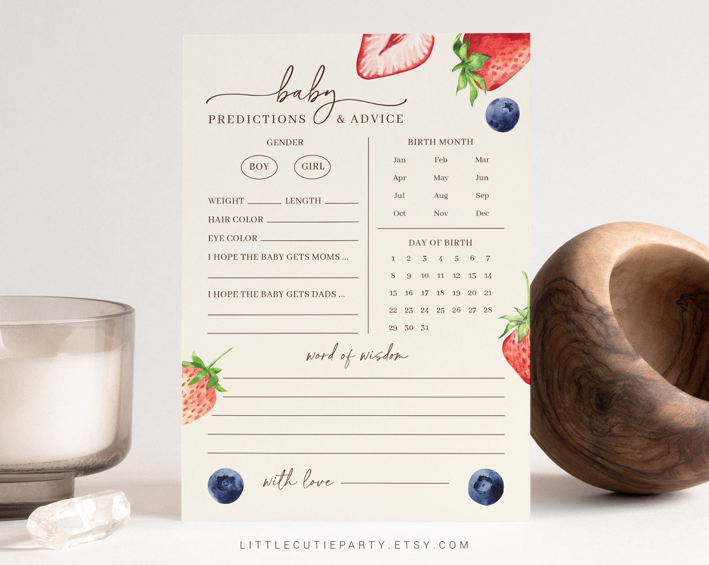 Editable Berry Sweet Baby Predictions and Advice Card, Baby Prediction Card, Berry Gender Reveal Party, He Or She, Boy Or Girl BERGR002