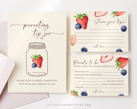 Editable Berry Parenting Tip Jar Sign and Advice Card and Wishes for Parents, Berry Sweet Gender Reveal Party, Boy Or Girl BERGR002
