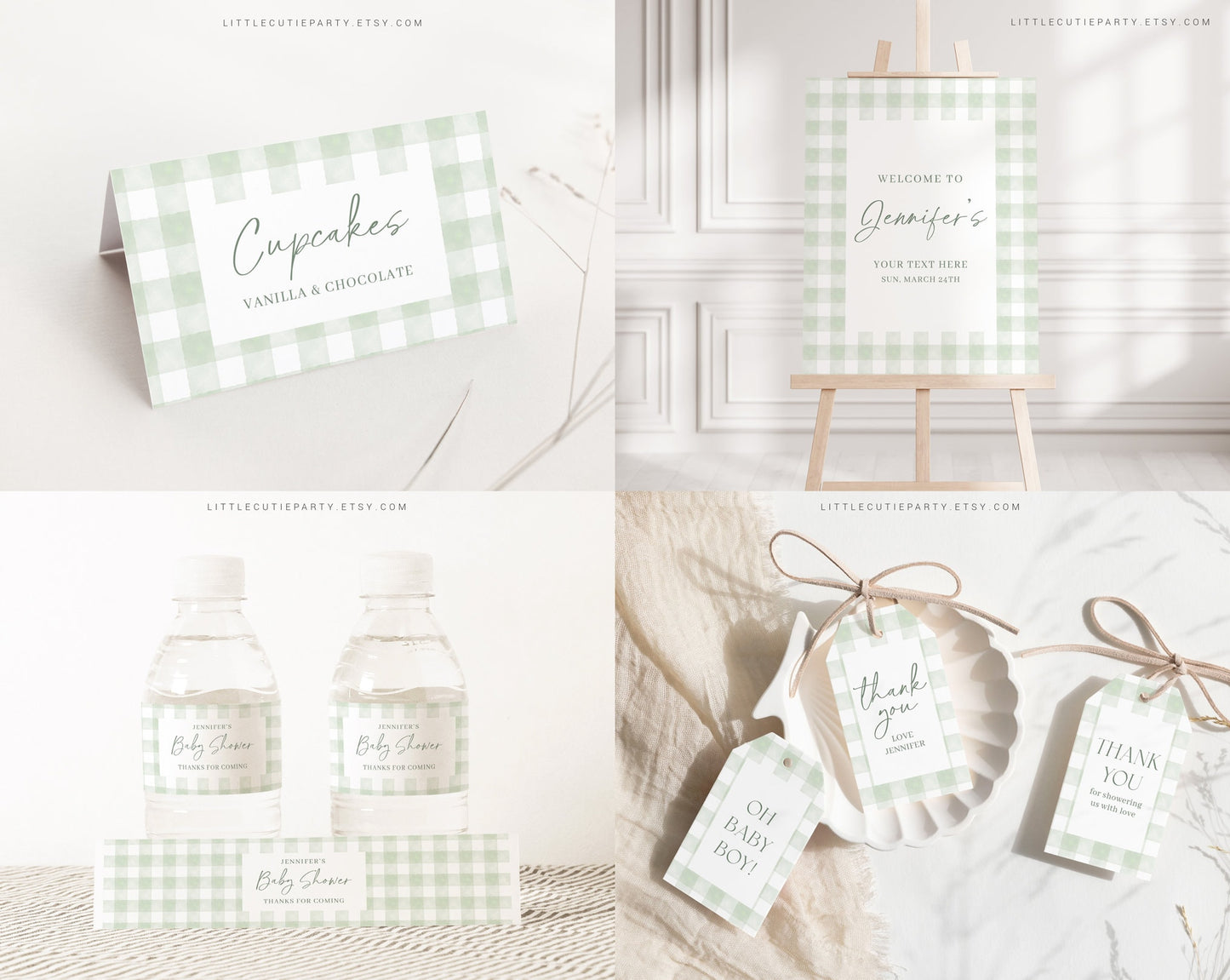 Editable Sage Green Baby Shower Invitation Bundle, Green Gingham Baby Shower Invite with Games and Sage Green Baby Shower Decor GGHBS001