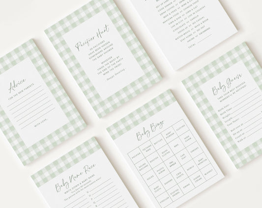 10 Editable Sage Green Gingham Baby Shower Games, Baby Boy Shower Games Bundle,  Green Gingham Set Neutral Baby Shower Party Games GGHBS001
