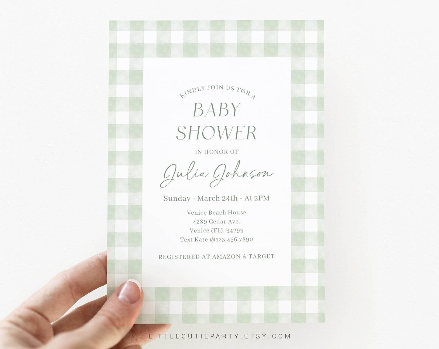 Editable Sage Green Gingham Baby Shower Invitation, Sage Green Shower Invite, Green Baby Shower with Diaper Raffle, Books and Tag GGHBS001
