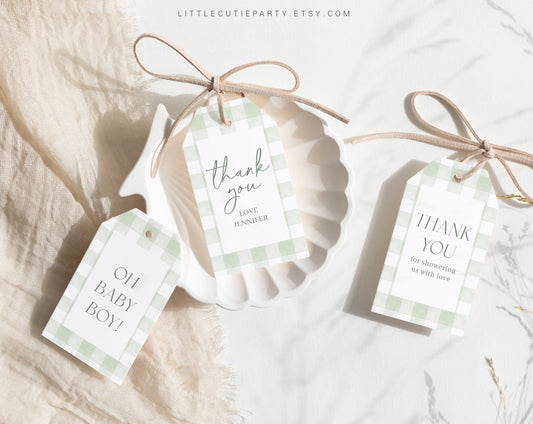 Editable Sage Green Gingham Favor, Thank You Favor Tag, Thank you Tags, Gift Tag for Sage Green Baby Shower Decorations GGHBS001