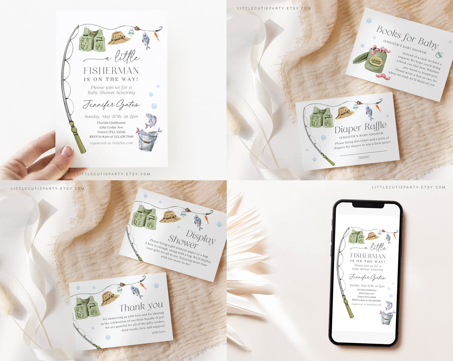 Editable A Little Fisherman Baby Shower Invitation Bundle, Fishing Baby Shower Invite Set with Game Bundle and Fisherman Decoration LFMBS001