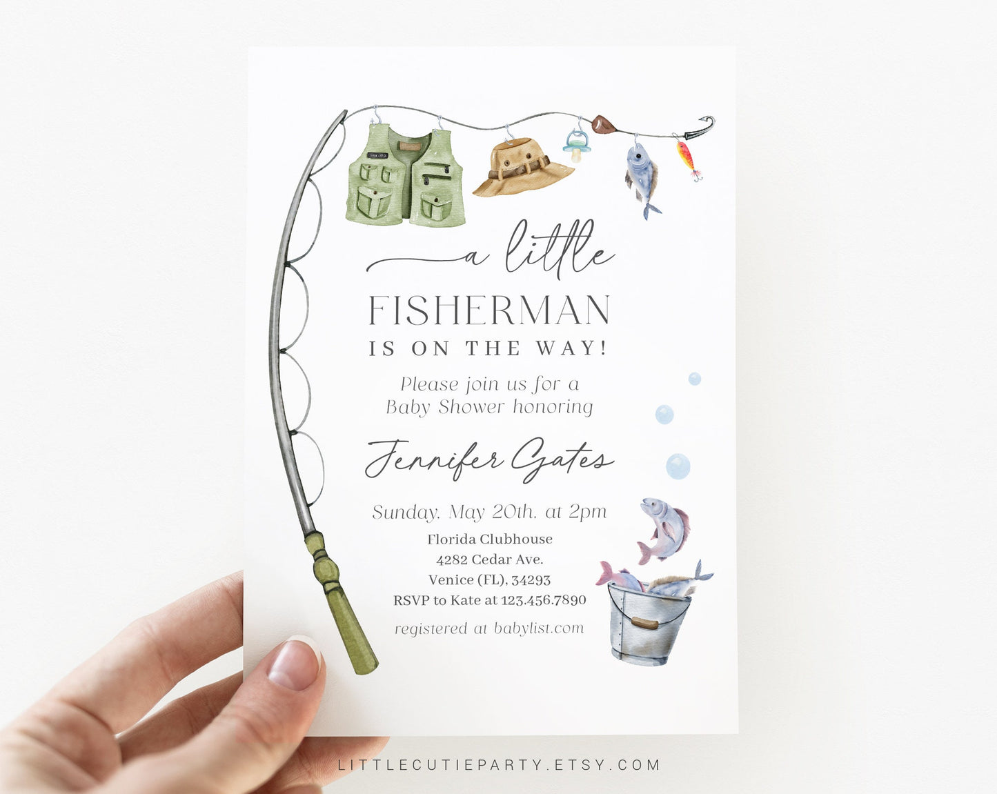 Editable A Little Fisherman Baby Shower Invitation, Fishing Baby Shower Invite with Diaper Raffle, Books for Baby Boy and Gift Tag LFMBS001