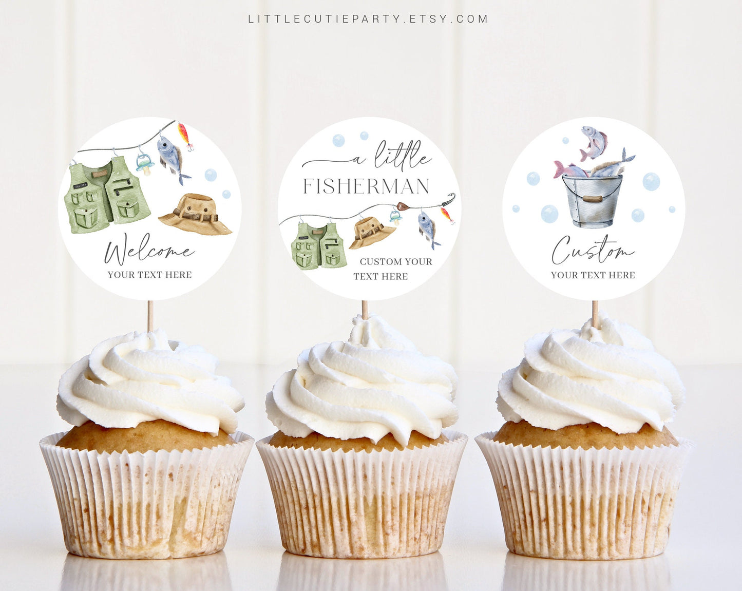 Editable Fishing Baby Shower Cake Toppers, A Little Fisherman Baby Shower Cupcake Topper, Little Fisherman Baby Shower Decor LFMBS001
