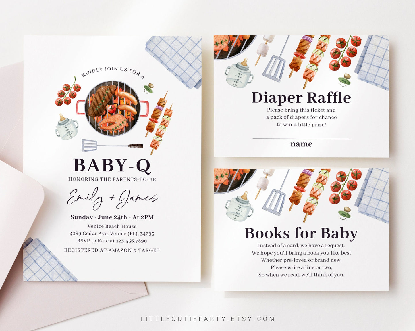 Editable Baby Q Invitation, BabyQ Baby Shower Invite, Barbeque Baby Shower with Diaper Raffle, Books for Baby and Gift Tag BBQBS001