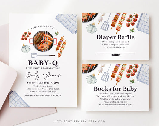 Editable Baby Q Invitation, BabyQ Baby Shower Invite, Barbeque Baby Shower with Diaper Raffle, Books for Baby and Gift Tag BBQBS001