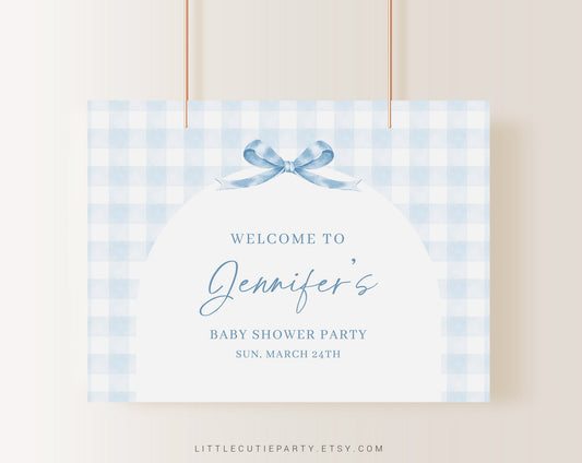 Editable Blue Gingham Baby Shower Backdrop, Blue Bow Baby Shower Banner, Shower Sign for Blue Gingham Banner Welcome Sign BGHBS001