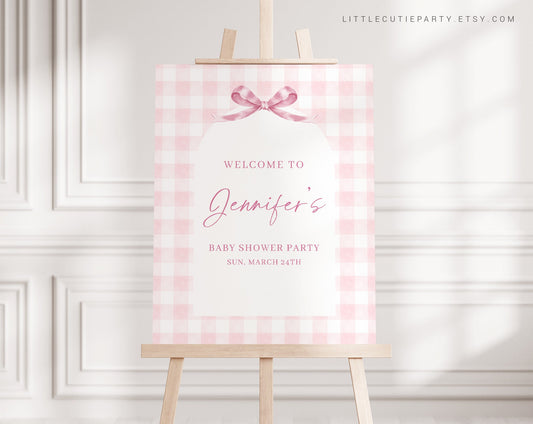Editable Pink Gingham Baby Shower Welcome Sign, Pink Bow Baby Shower Sign, Welcome Board, Welcome Template Shower Decoration PGHBS001
