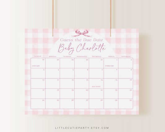 Editable Pink Gingham Baby Shower Calendar, Pink Bow Due Date Calendar, Baby Shower Due Date Calendar Games for Gingham Baby Shower PGHBS001