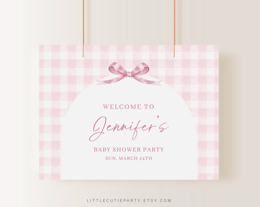 Editable Pink Gingham Baby Shower Backdrop, Pink Bow Baby Shower Vinyl Banner, Shower Sign for Pink Gingham Banner Welcome Sign PGHBS001