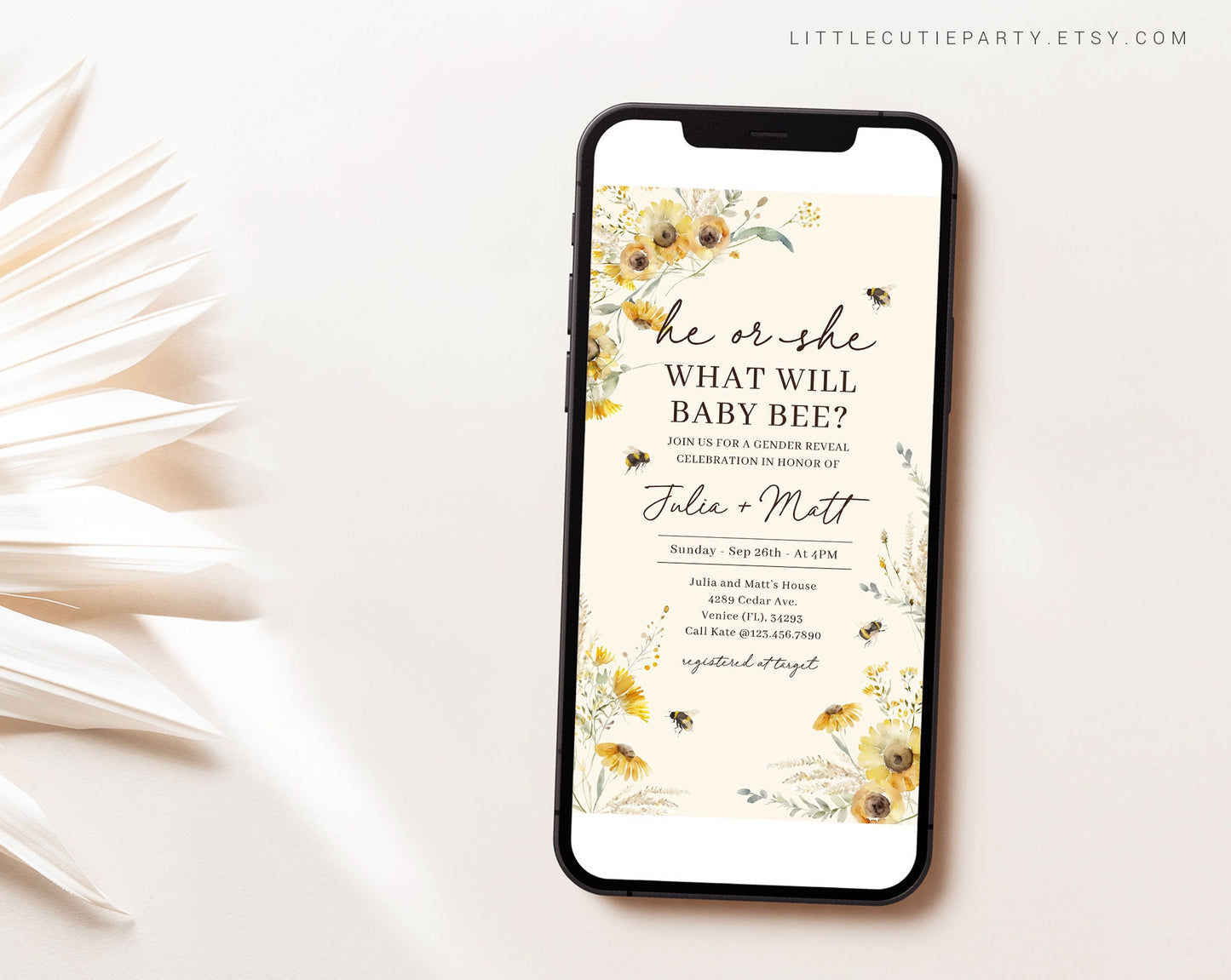 Editable Bee Gender Reveal Evite, What will Baby Bee Gender Reveal Digital Invitation with Gift Tag, Boy Or Girl BEEGR001