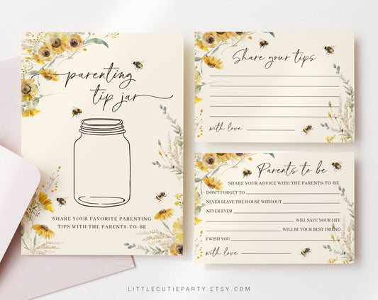 Editable What will Baby Bee Parenting Tip Jar Sign and Advice Card and Wishes for Parents, Gender Reveal Party, Boy Or Girl BEEGR001