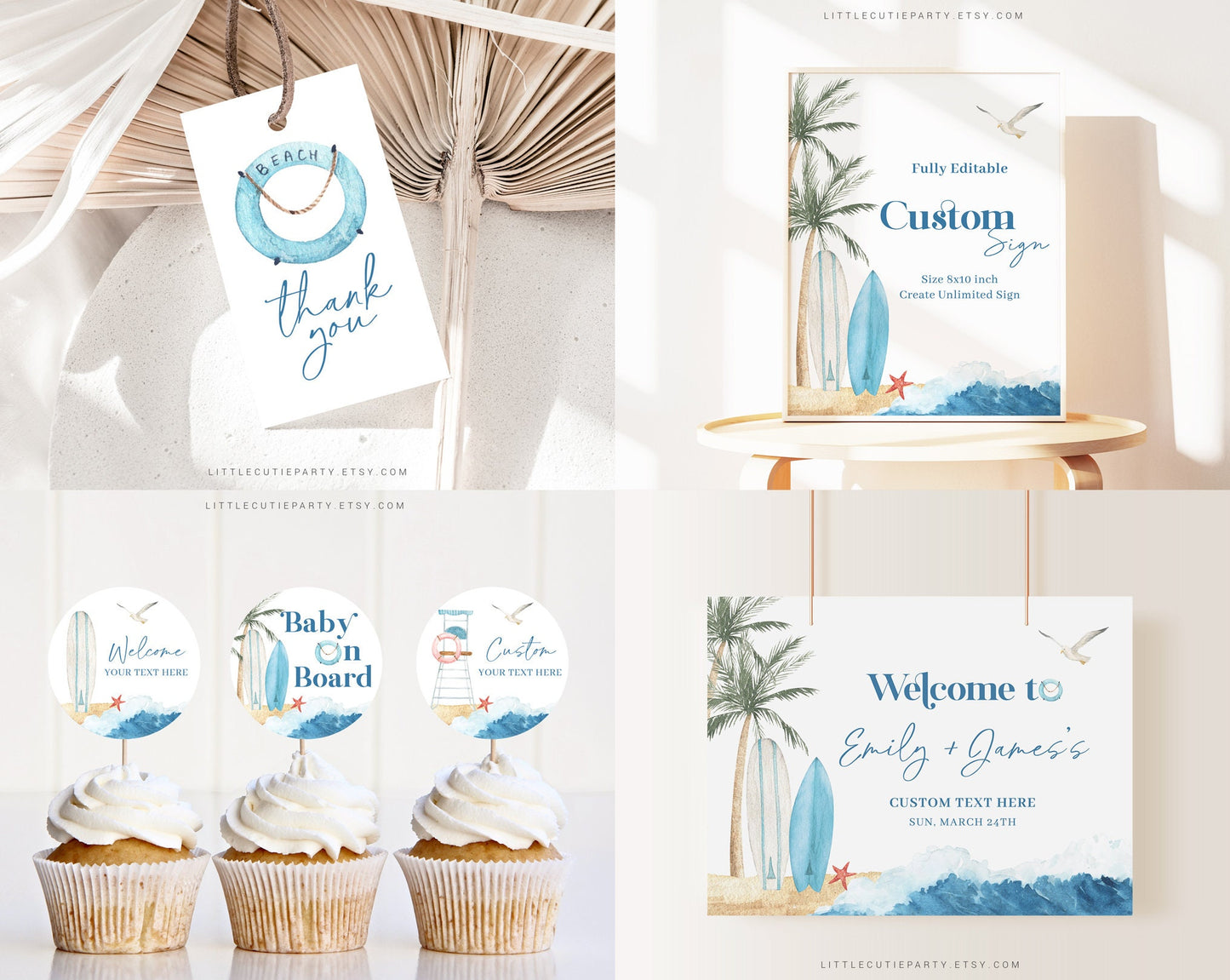 Editable Baby on Board Baby Shower Invitation Bundle, Surfboard Baby Shower with Games Bundle and Surfing Baby shower Decorations BBBBS001