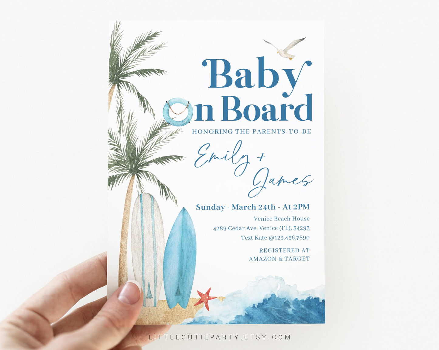 Editable Baby on Board Invitation, Surfer Baby Shower Invite, Baby on Board Invite with Diaper Raffle, Books for Baby and Tag BBBBS001