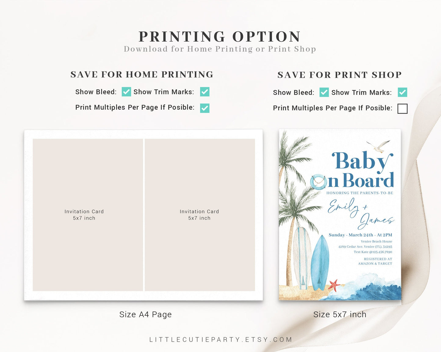 Editable Baby on Board Invitation, Surfer Baby Shower Invite, Baby on Board Invite with Diaper Raffle, Books for Baby and Tag BBBBS001