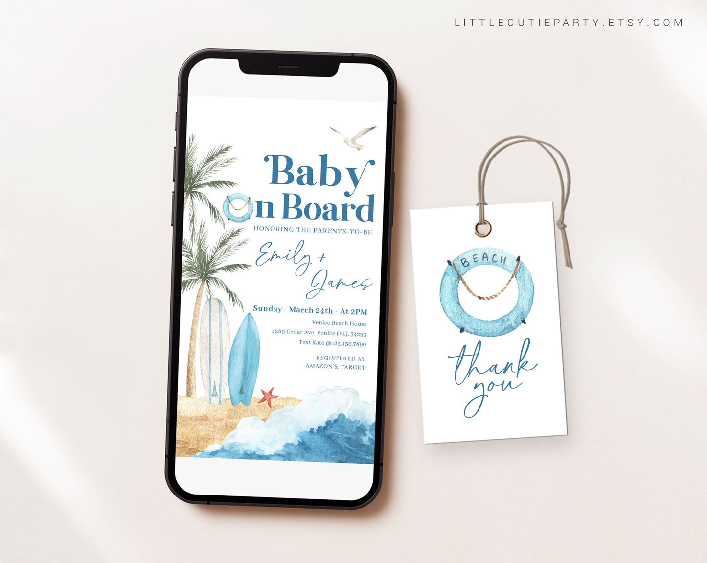 Editable Baby on Board Invite, Little Surfer Baby Shower Evite, Baby on Board Digital Invite for Beach Baby Shower Party BBBBS001