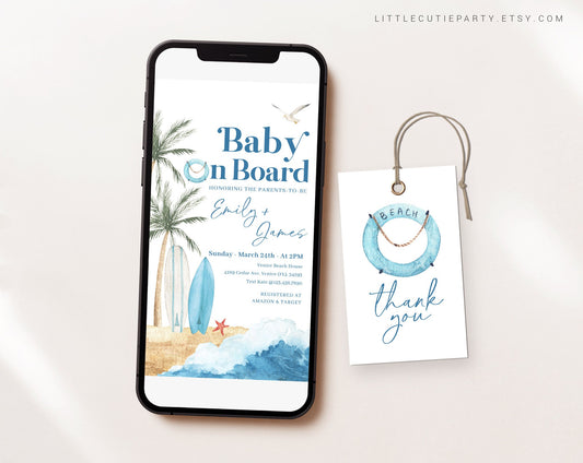Editable Baby on Board Invite, Little Surfer Baby Shower Evite, Baby on Board Digital Invite for Beach Baby Shower Party BBBBS001