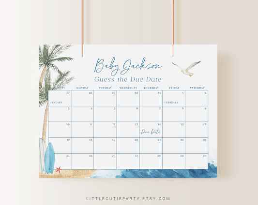 Editable Baby on Board Baby Shower Calendar, Surfboard Baby Shower Due Date Calendar, Beach Baby Shower Due Date Calendar Games BBBBS001