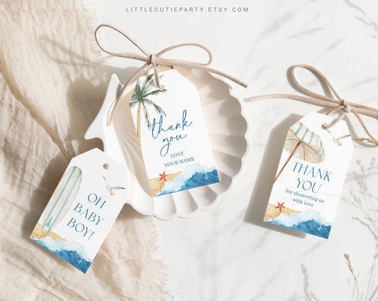 Editable Surfboard Favor, Thank You Favor Tag, Thank you Tags, Gift Tag for Beach Baby Shower Decorations BBBBS001