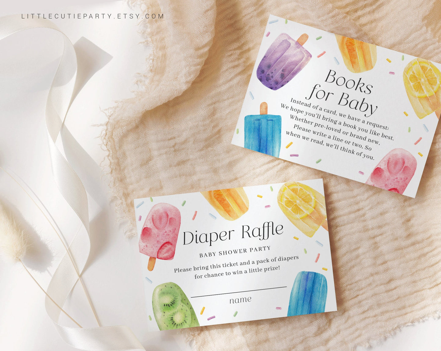Editable Popsicle Baby Shower Invitation, Ready to Pop Shower Invite with Diaper Raffle, Books for Baby Boy and Gift Tag PSCBS002