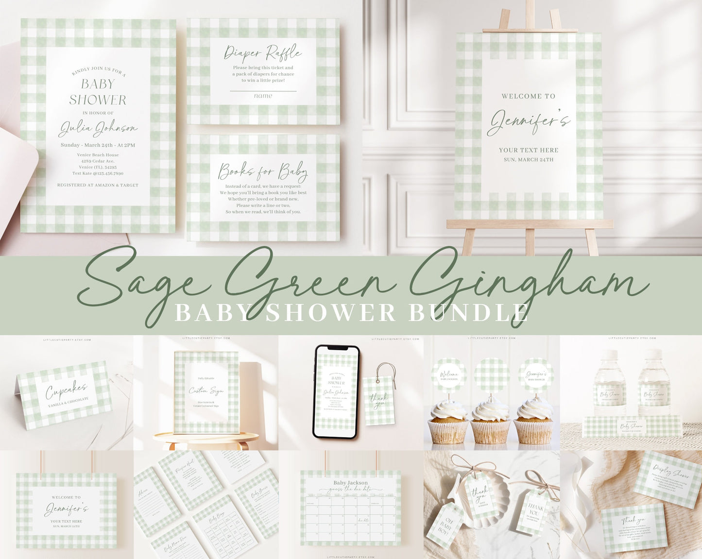 Editable Sage Green Baby Shower Invitation Bundle, Green Gingham Baby Shower Invite with Games and Sage Green Baby Shower Decor GGHBS001