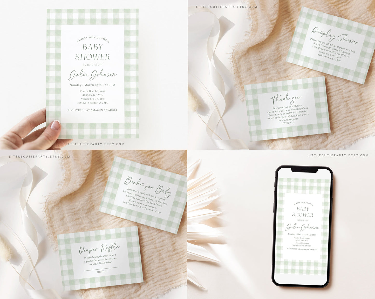 Editable Sage Green Baby Shower Invitation Bundle, Green Gingham Baby Shower Invite with Games and Sage Green Baby Shower Decor GGHBS001