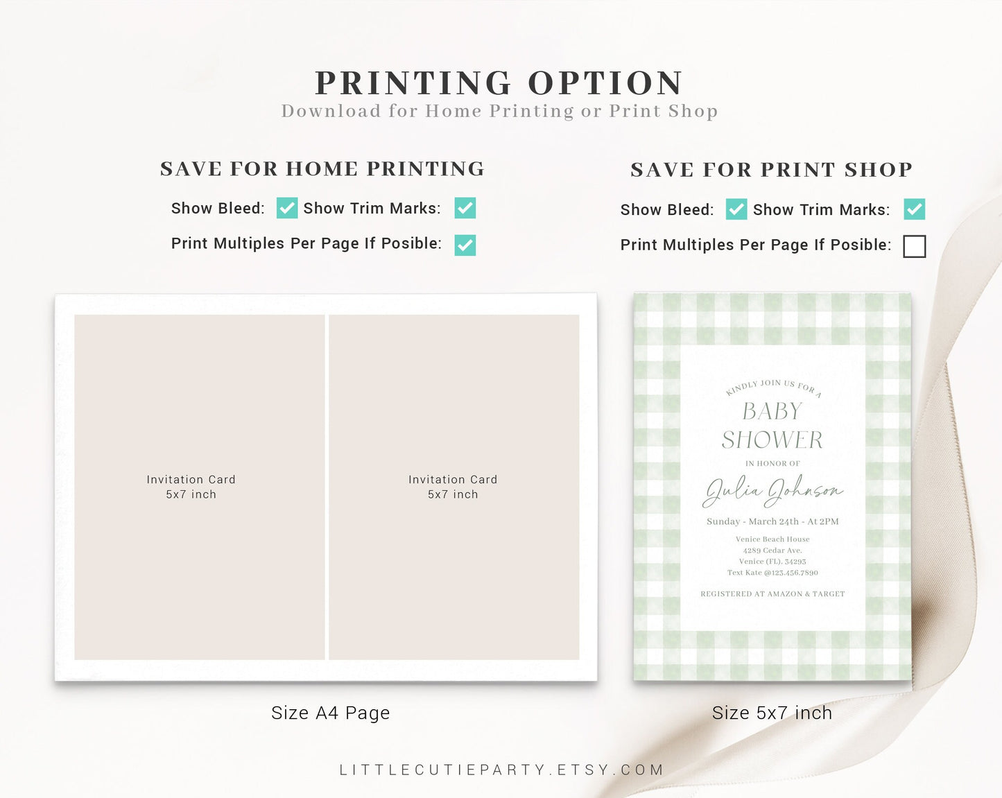 Editable Sage Green Gingham Baby Shower Invitation, Sage Green Shower Invite, Green Baby Shower with Diaper Raffle, Books and Tag GGHBS001