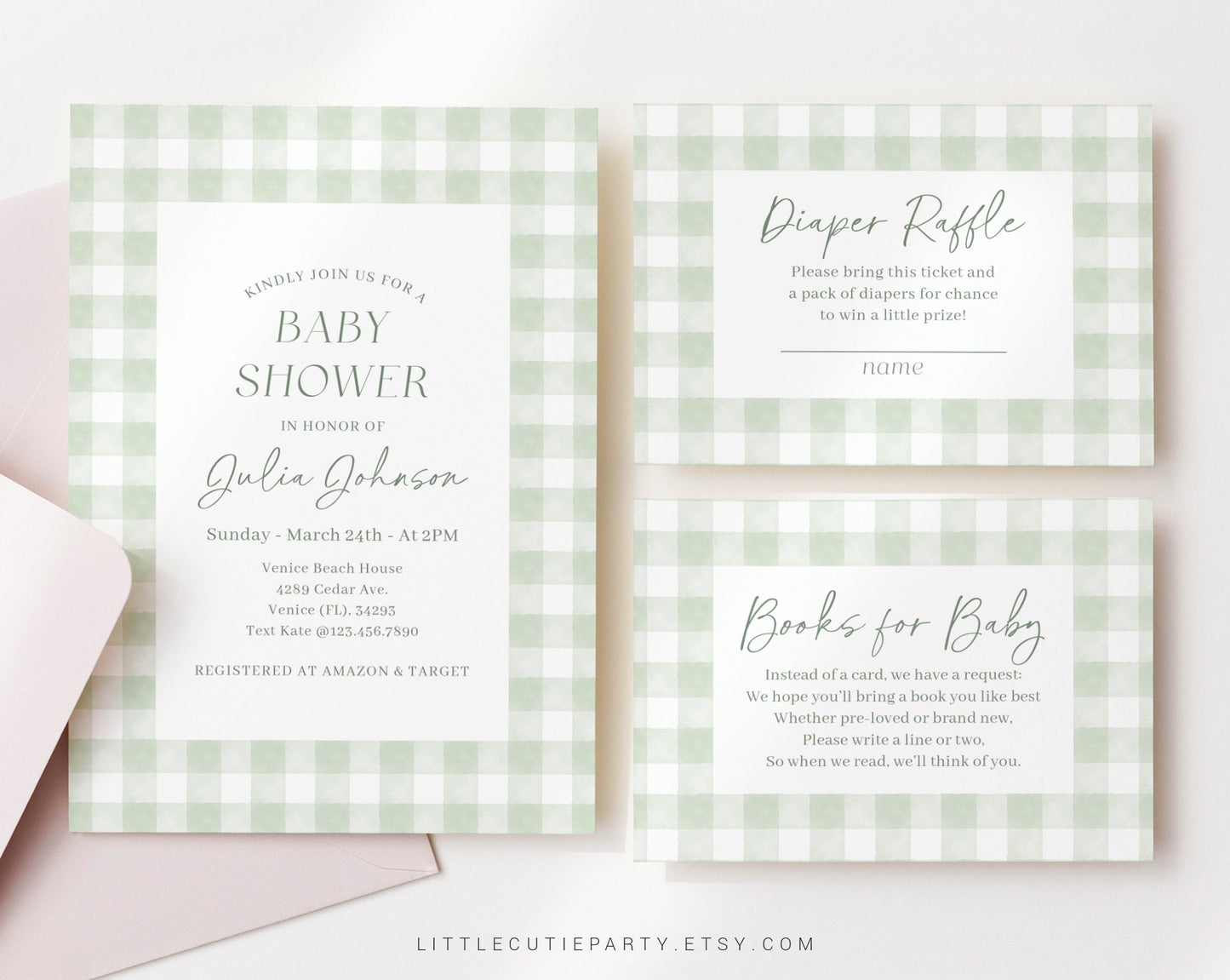 Editable Sage Green Gingham Baby Shower Invitation, Sage Green Shower Invite, Green Baby Shower with Diaper Raffle, Books and Tag GGHBS001