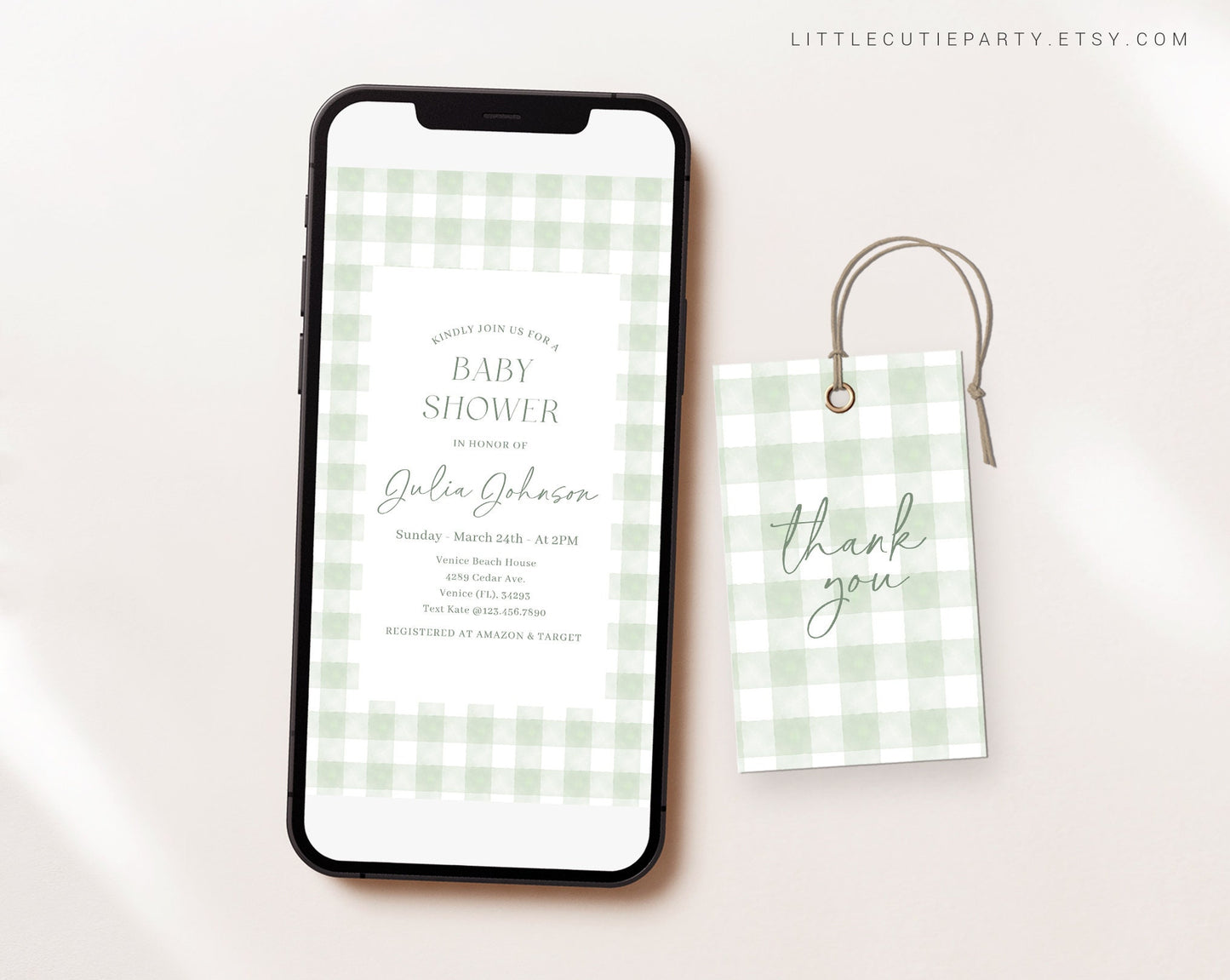Editable Sage Green Baby Shower Invite, Green Gingham Baby Shower Evite, Baby Shower Digital Invite for Sage Green Baby Shower GGHBS001