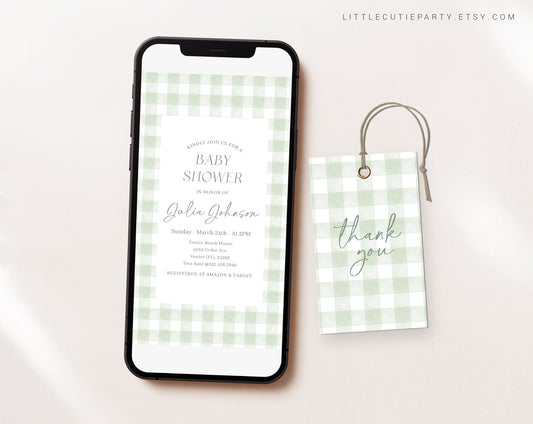 Editable Sage Green Baby Shower Invite, Green Gingham Baby Shower Evite, Baby Shower Digital Invite for Sage Green Baby Shower GGHBS001