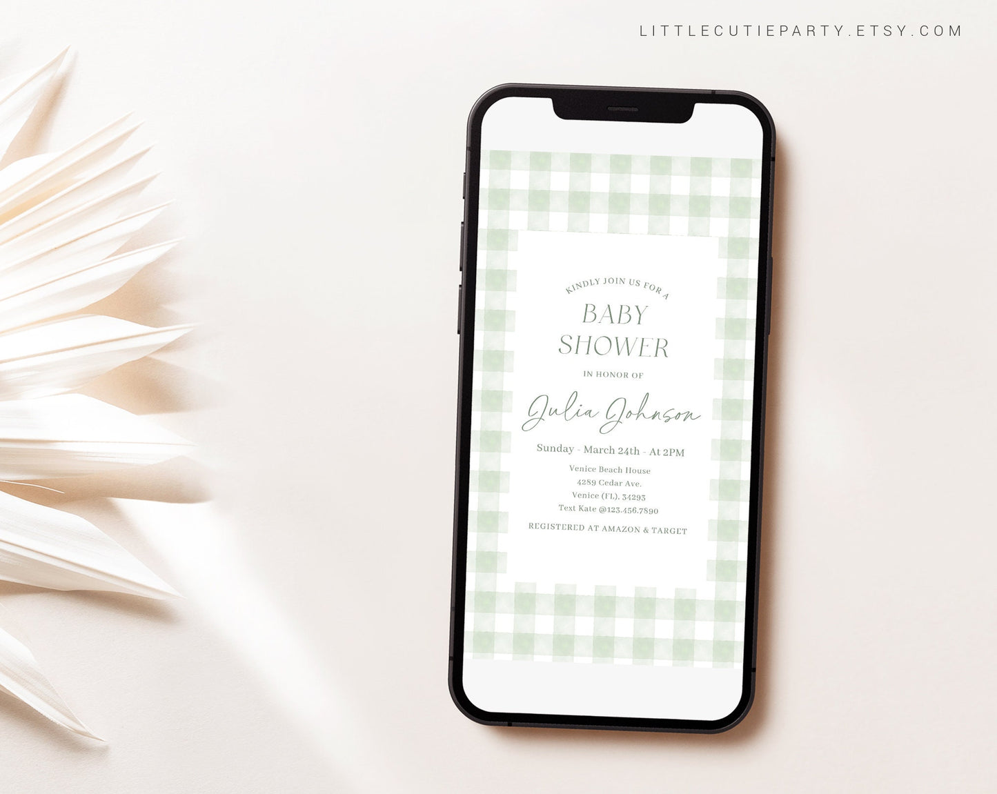 Editable Sage Green Baby Shower Invite, Green Gingham Baby Shower Evite, Baby Shower Digital Invite for Sage Green Baby Shower GGHBS001