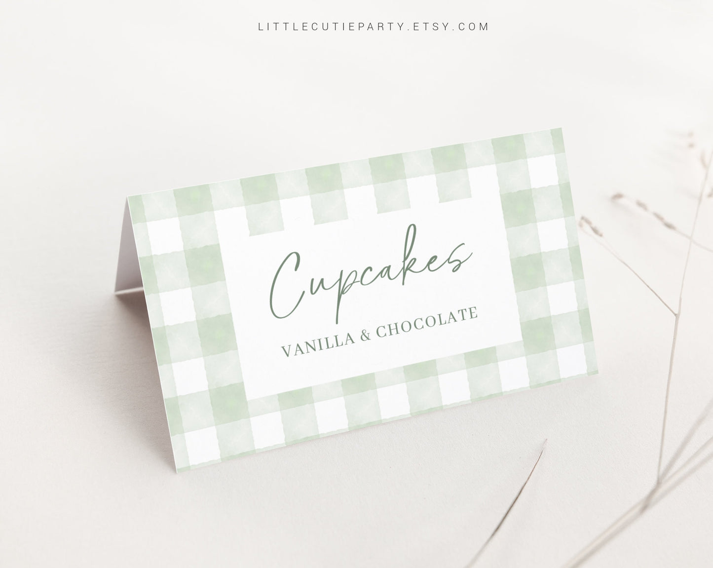 Editable Sage Green Gingham Food Labels, Food Tent cards, Folded Food Cards for Green Baby Shower Party Decorations Theme GGHBS001
