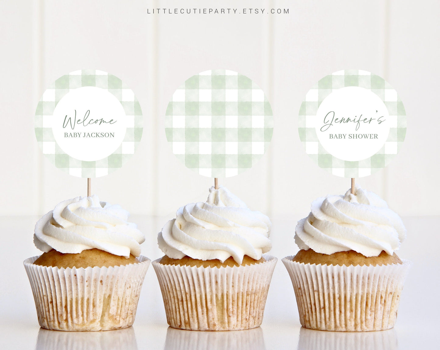 Editable Sage Green Gingham Cake Toppers, Sage Green Baby Shower Cupcake Toppers, Cake Topper Template, Cake Topper Decorations GGHBS001