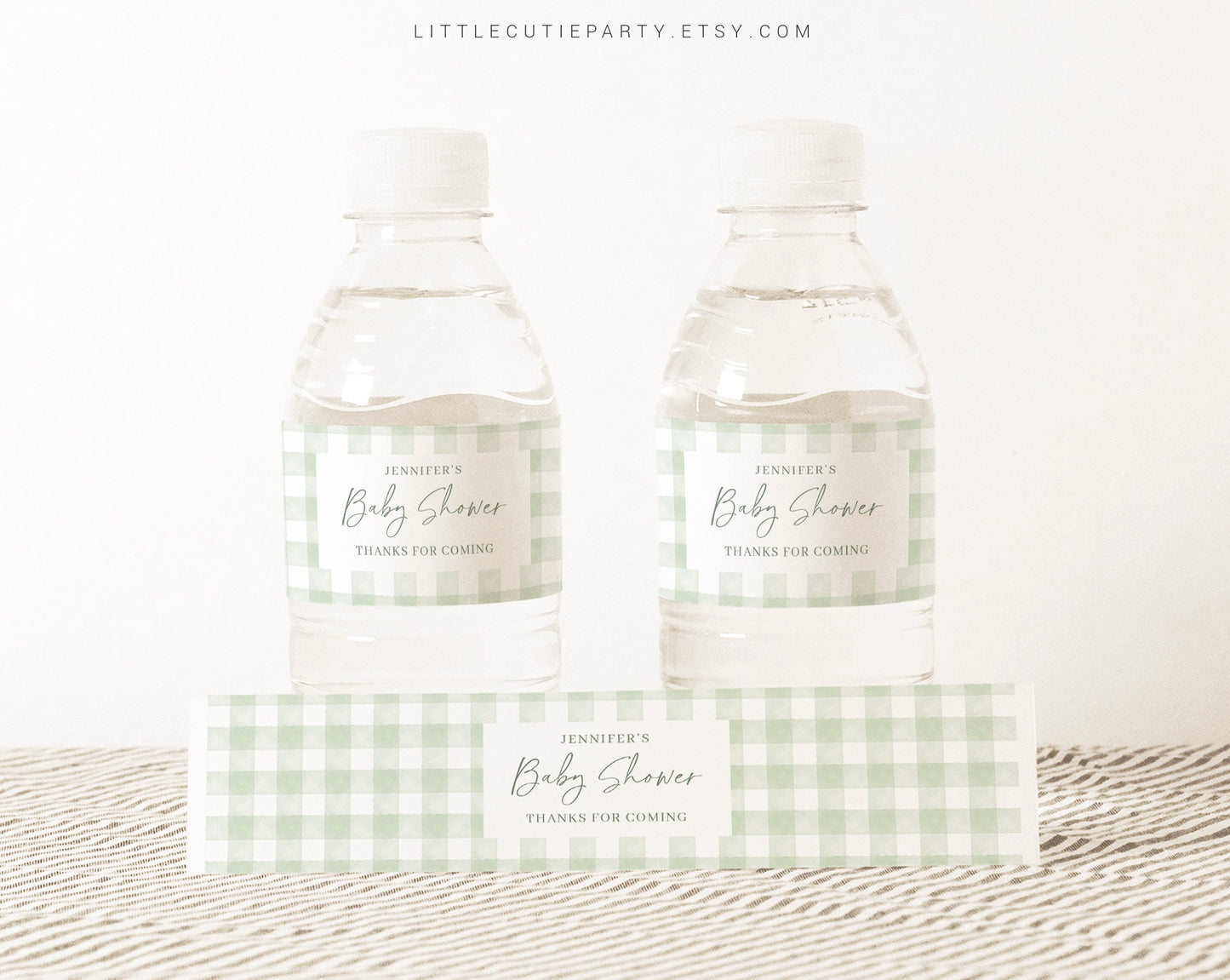Editable Sage Green Gingham Water Bottle Labels, Bottle Label for Sage Green Baby Shower Patry Decorations Theme GGHBS001