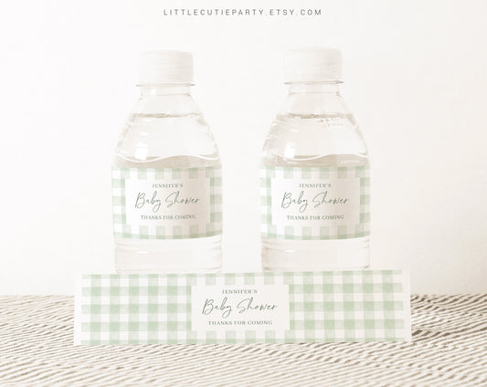 Editable Sage Green Gingham Water Bottle Labels, Bottle Label for Sage Green Baby Shower Patry Decorations Theme GGHBS001