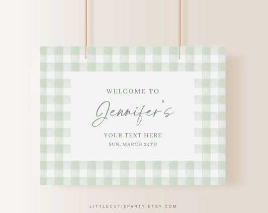 Editable Sage Green Gingham Baby Shower Backdrop, Sage Green Baby Shower Banner, Shower Sign for Green Gingham Banner Welcome Sign GGHBS001