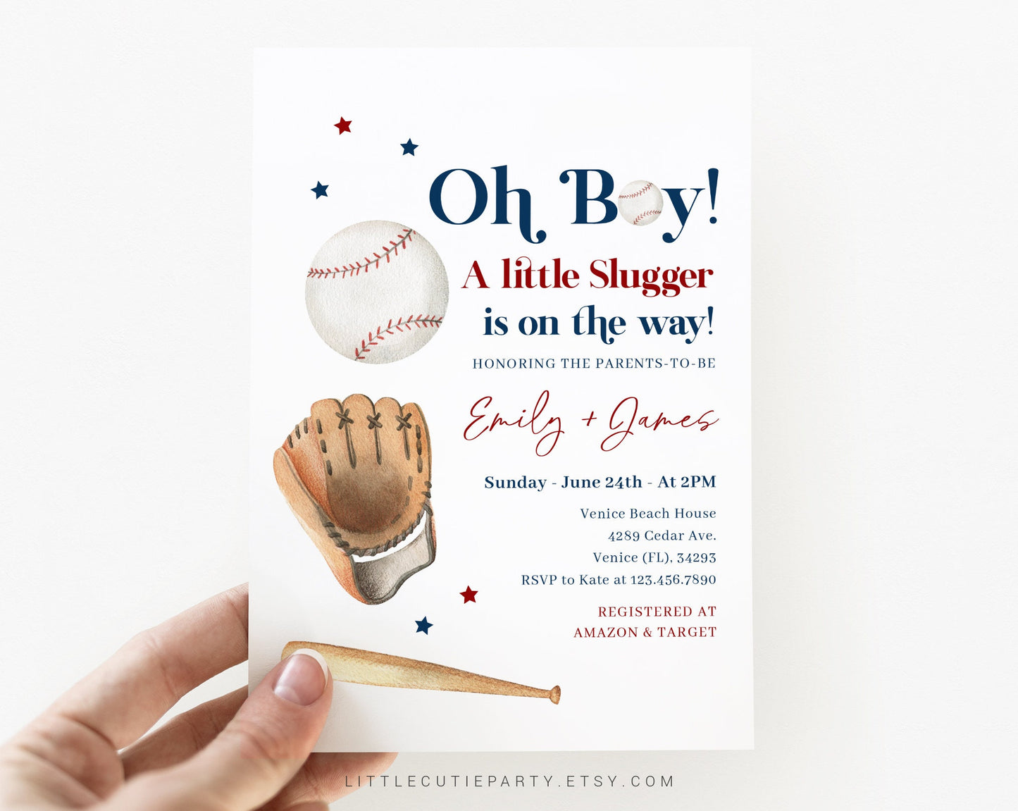 Editable Baseball Baby Shower Invitation, A Little Slugger On The Way, Baseball Invite with Diaper Raffle, Books for Baby and Tag BSBBS001