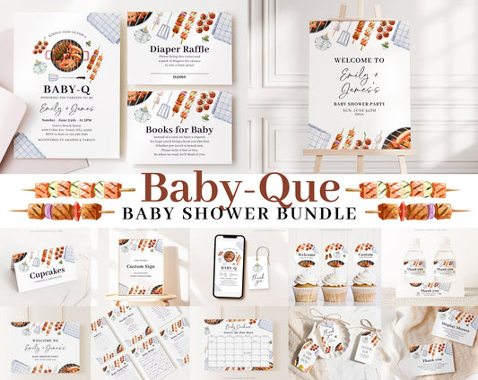 Editable Babyq Baby Shower Invitation Bundle, Bbq Baby Shower Invite with Games Bundle and Barbeque Baby Shower Decorations BBQBS001