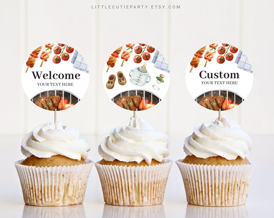 Editable Babyq Cake Toppers, BBQ Baby Shower Cupcake Toppers, Cake Topper Template, Barbeque Cake Topper Decorations BBQBS001