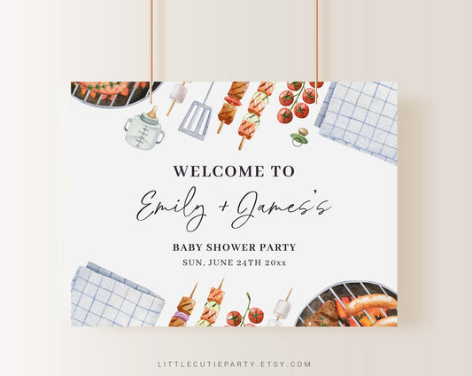 Editable Barbeque Baby Shower Backdrop, BBQ Baby Shower Banner, Shower Sign for BabyQ Banner Welcome Sign BBQBS001