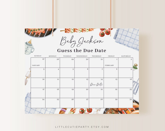 Editable BabyQ Baby Shower Calendar, BBQ Due Date Calendar, Baby Shower Due Date Calendar Games for Barbeque Baby Shower BBQBS001