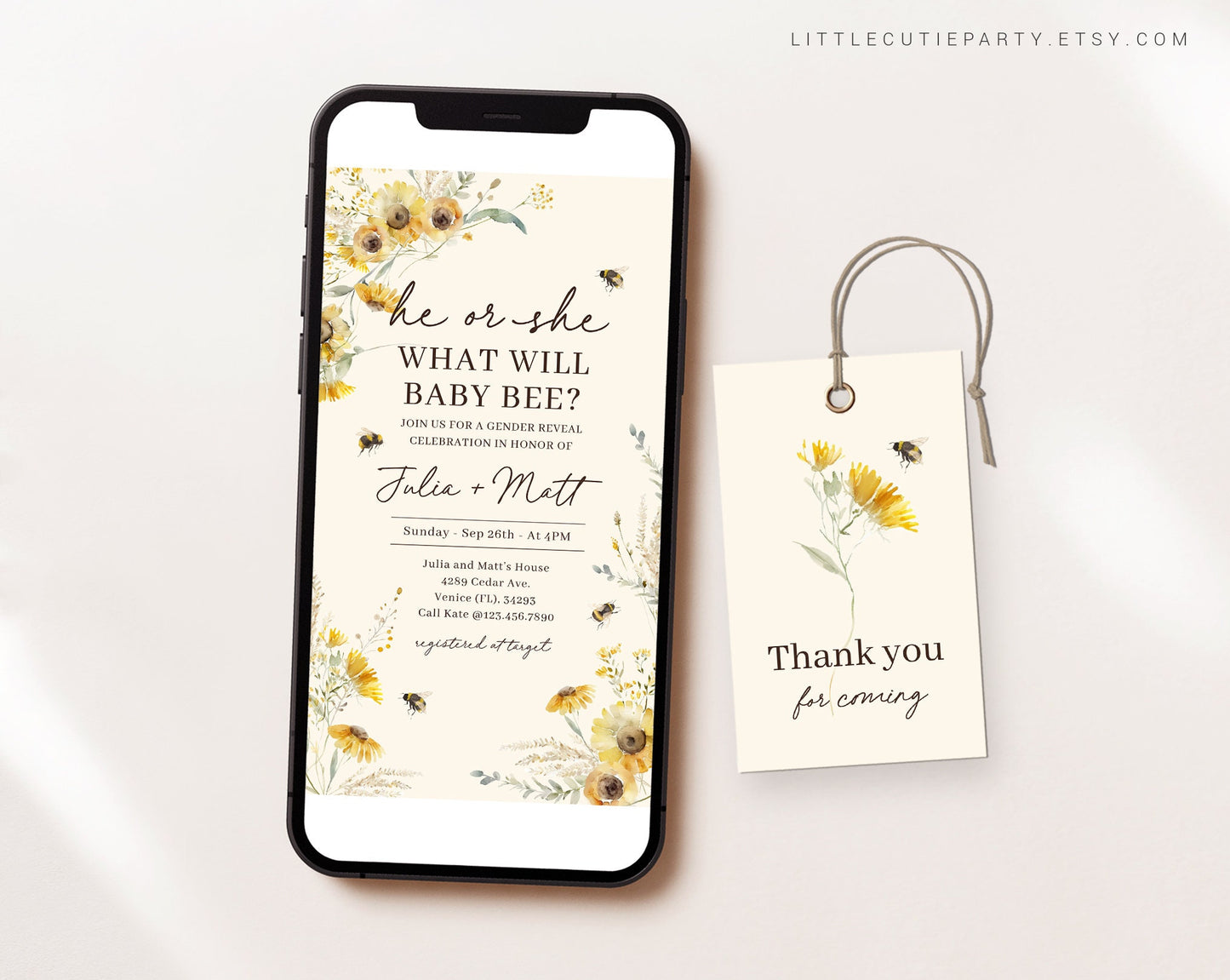 Editable Bee Gender Reveal Evite, What will Baby Bee Gender Reveal Digital Invitation with Gift Tag, Boy Or Girl BEEGR001