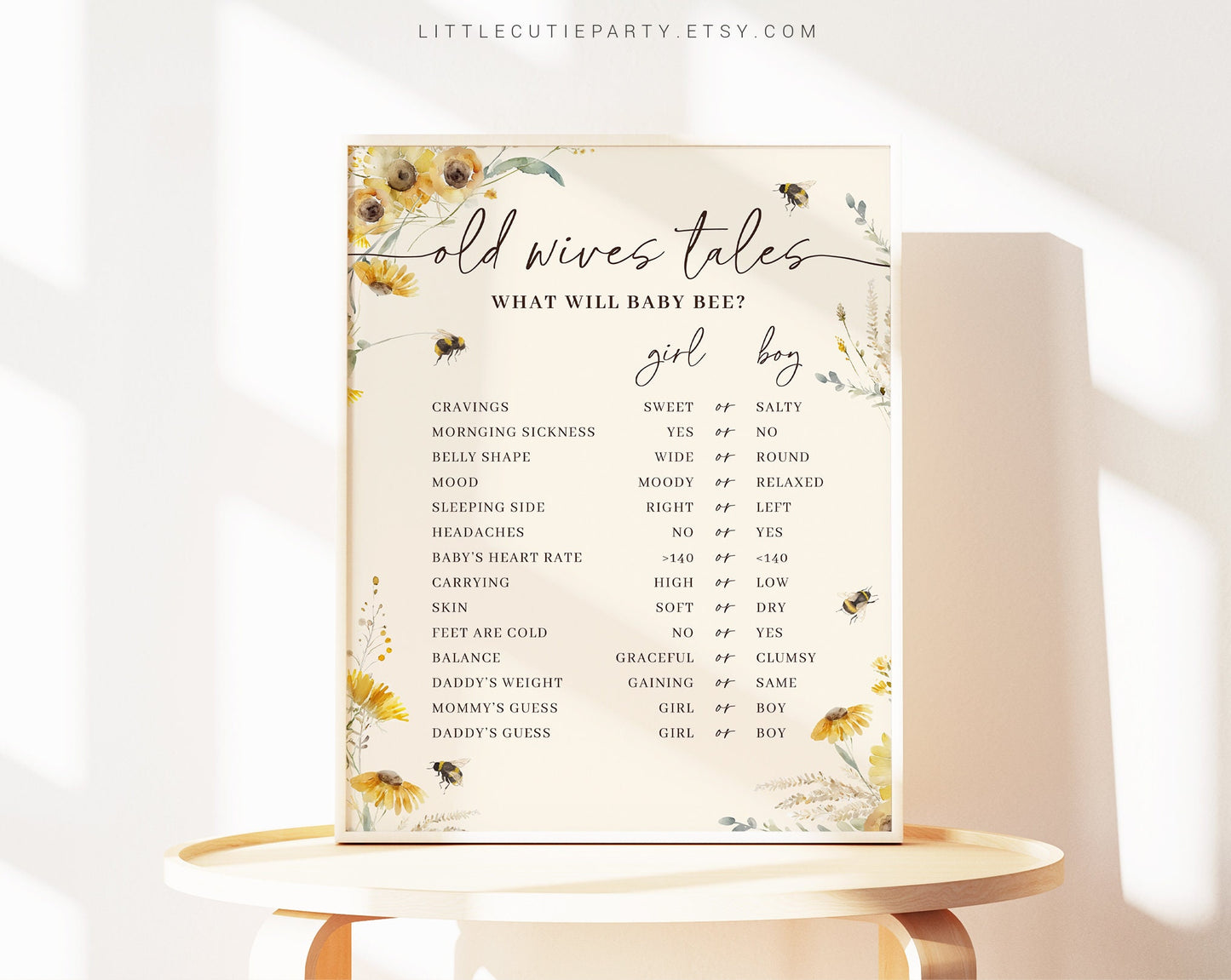 Editable Bee Gender Reveal Old Wives Tales Gender Reveal Board, Old Wives Tales Game Sign, Old Wives Tales Poster Boy Or Girl BEEGR001