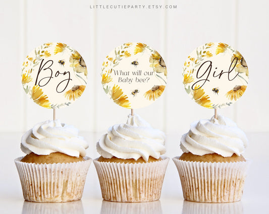 Editable What will Baby Bee Gender Reveal Cupcake toppers, Bee Gender Reveal Cake Toppers, Bee Gender Reveal Decor Boy Or Girl BEEGR001