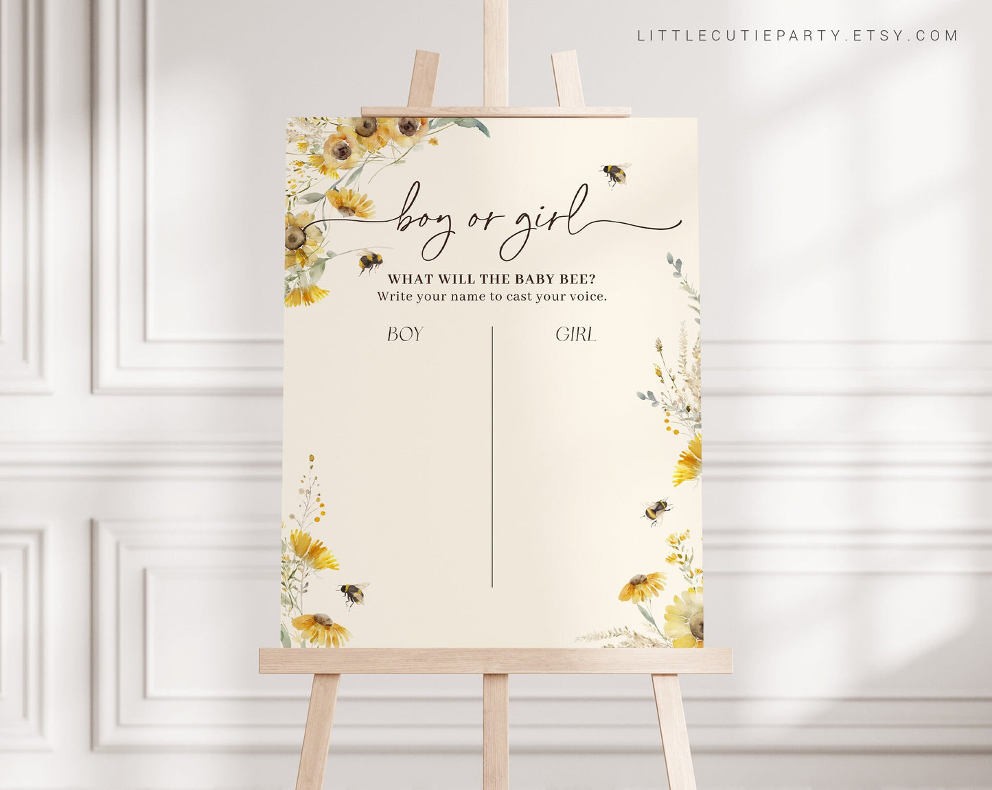 Editable Bee Gender Reveal Baby Shower Voting Sign with Gender Reveal Voting Cards, Boy or Girl What Will Baby Bee Cast Your Vote BEEGR001