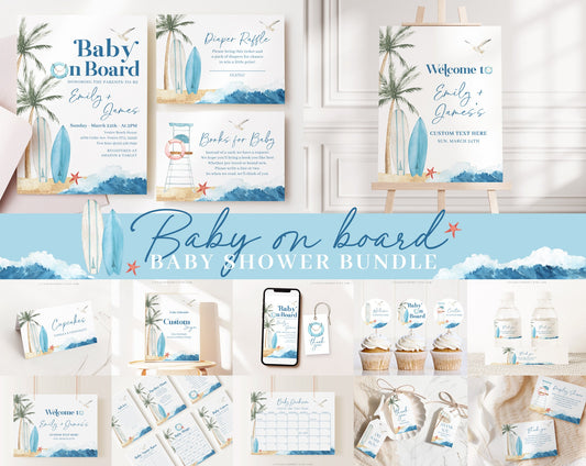 Editable Baby on Board Baby Shower Invitation Bundle, Surfboard Baby Shower with Games Bundle and Surfing Baby shower Decorations BBBBS001