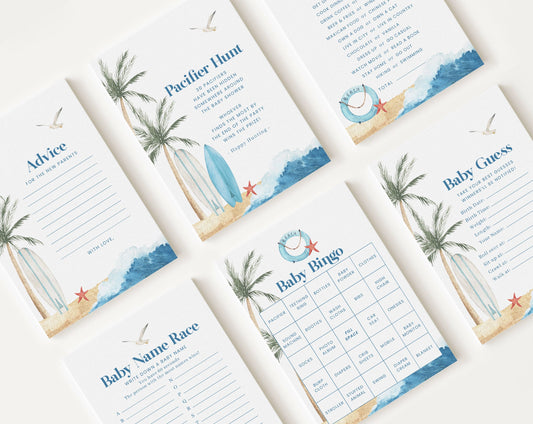 10 Editable Baby on Board Baby Shower Games, Shower Games Bundle, Surf Beach Baby Shower Game Set for Baby Shower Activities BBBBS001